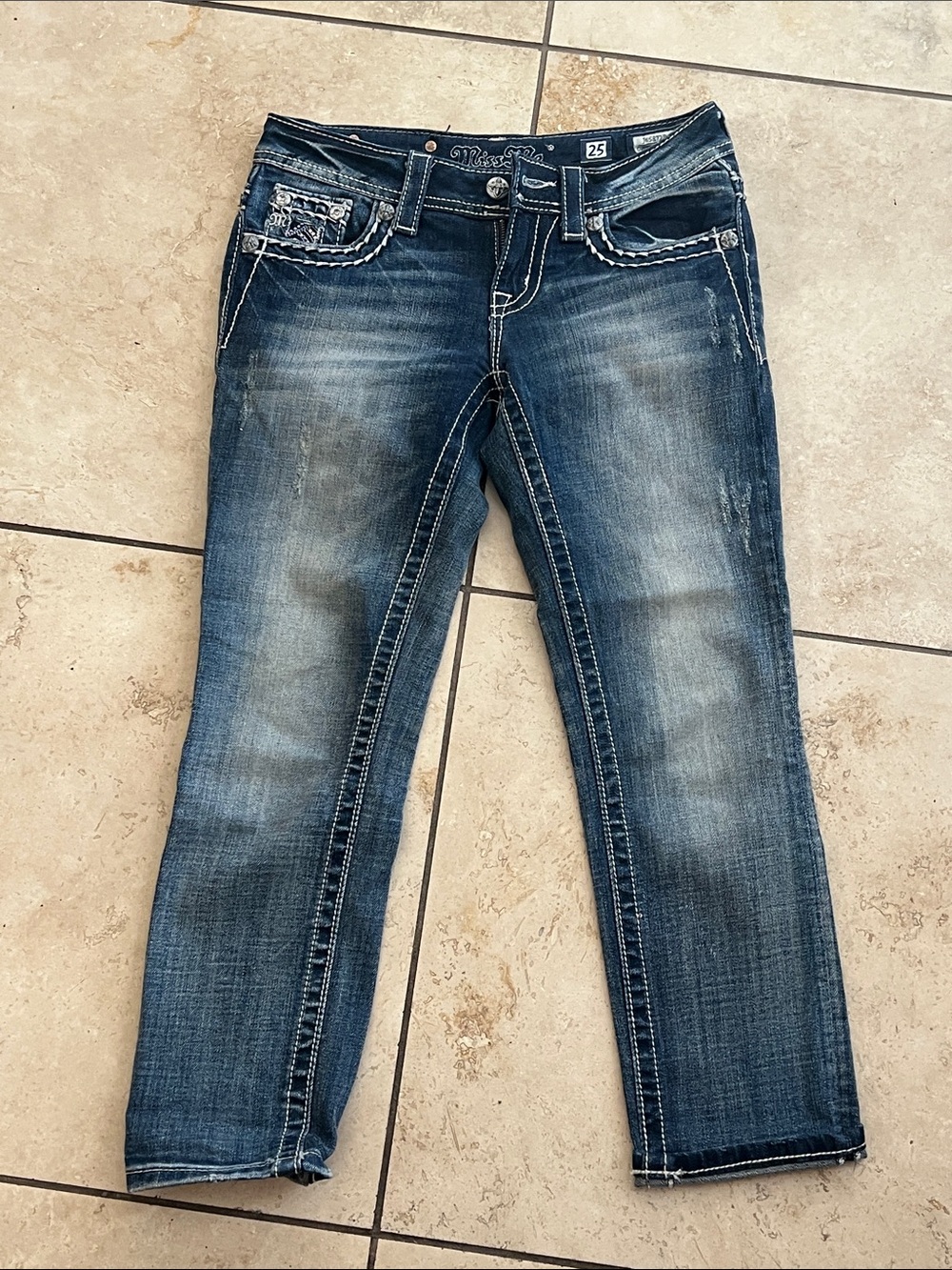 Miss Me Women's Medium Blue Straight Leg Jeans with Whiskering